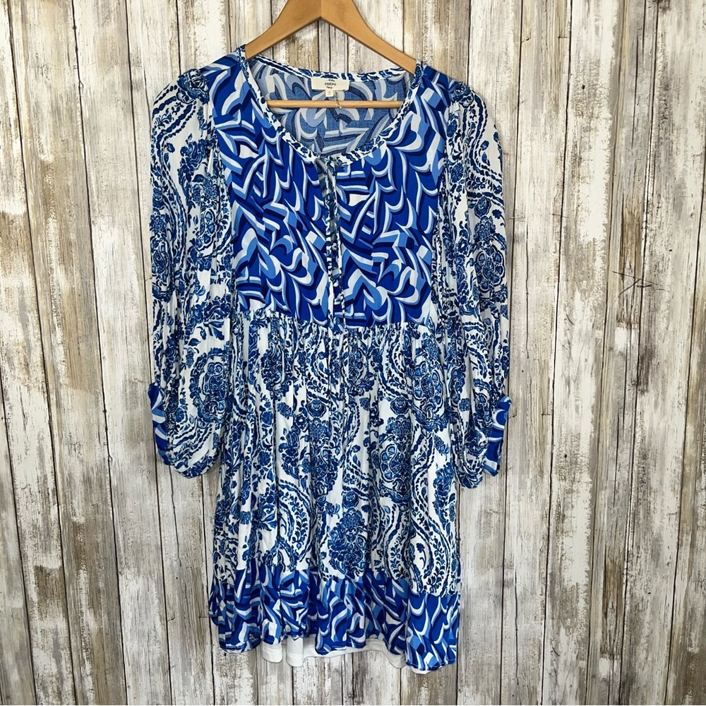 Entro V Neck Boho Blue Mini Ruffle Tiered Dress Small - Picture 2 of 6